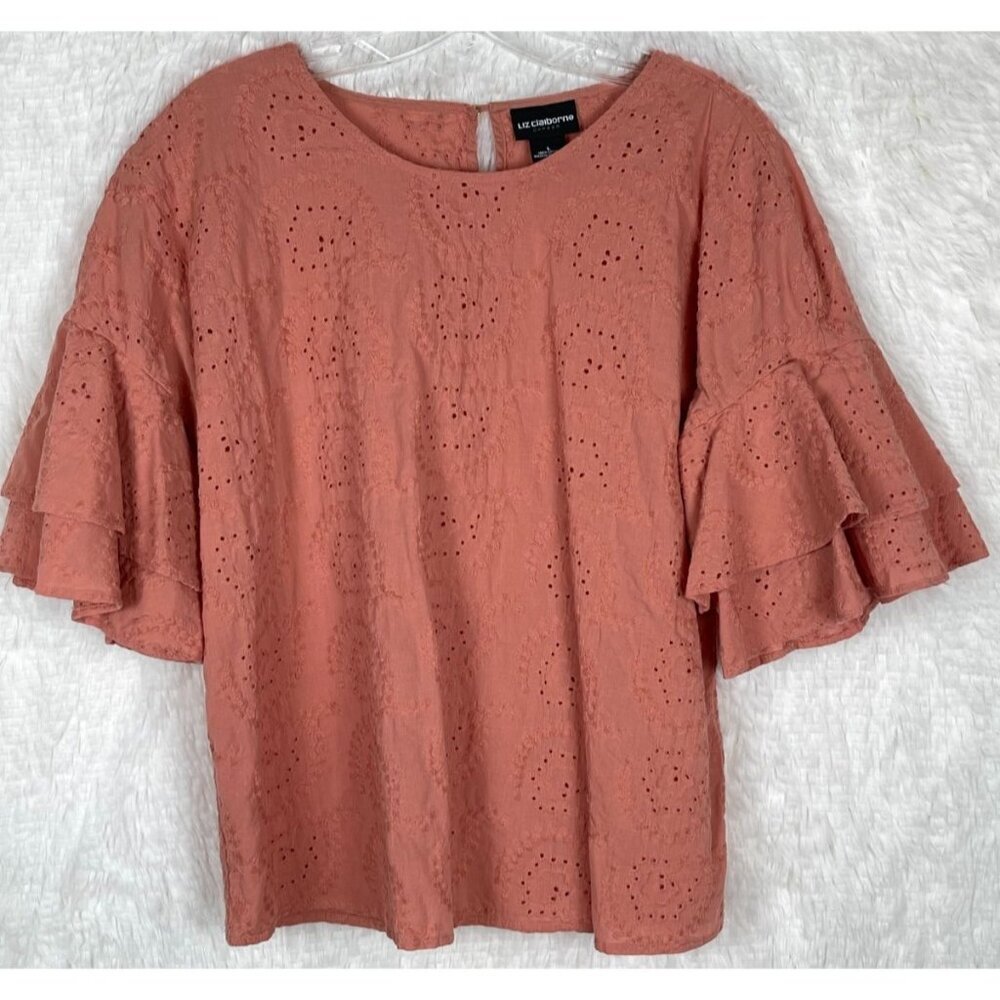 Liz Claiborne Large Flowy Short Sleeve Shirt Embroidered Floral Design Peach